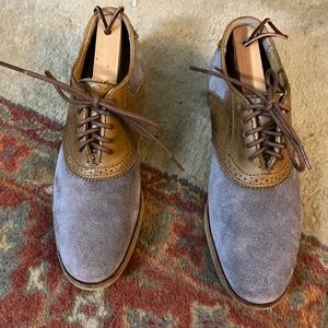 Frye gray nubuck tan leather saddle shoes